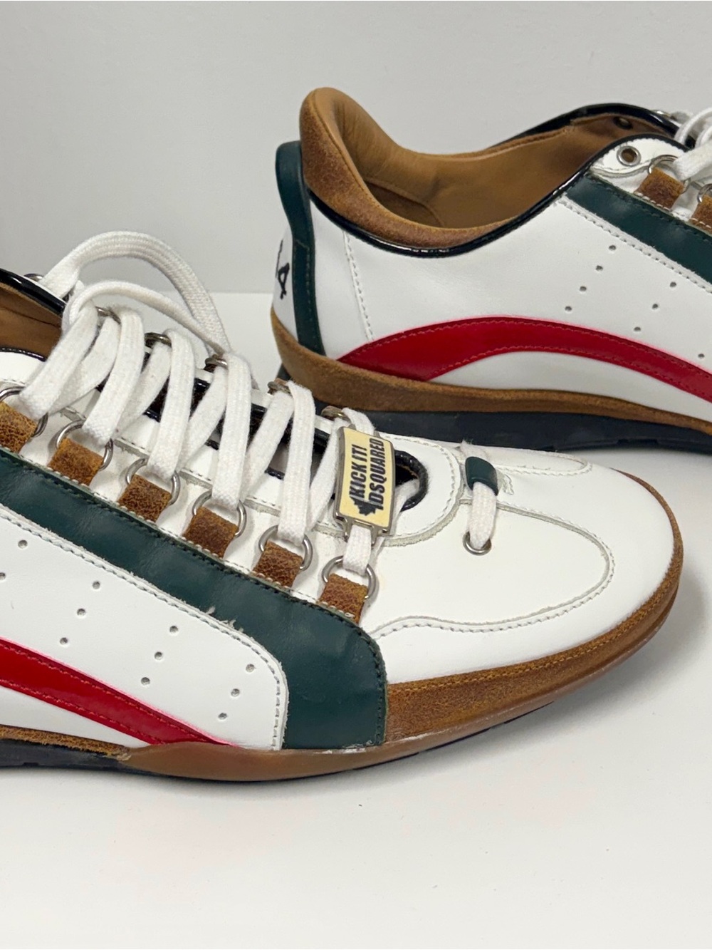 DSQUARED2 White Leather Sneakers with Green & Red Accents and Tan Interior NWT - Picture 11 of 13